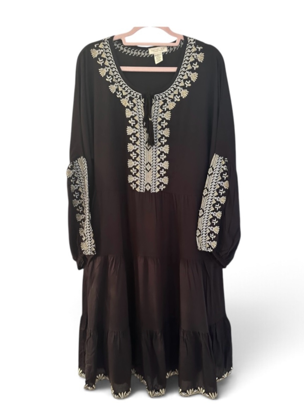 Rachel Zoe Black Embroidered Boho Tiered Midi Dress Gold Silver Metallic Tassels